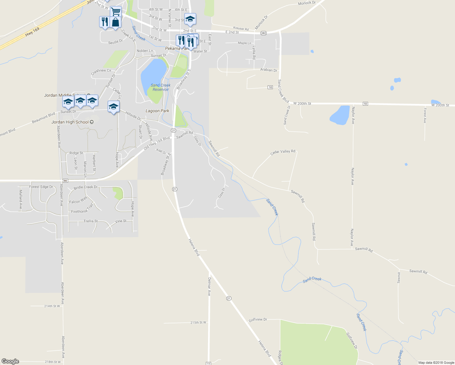 map of restaurants, bars, coffee shops, grocery stores, and more near 715 Woodridge Court in Jordan