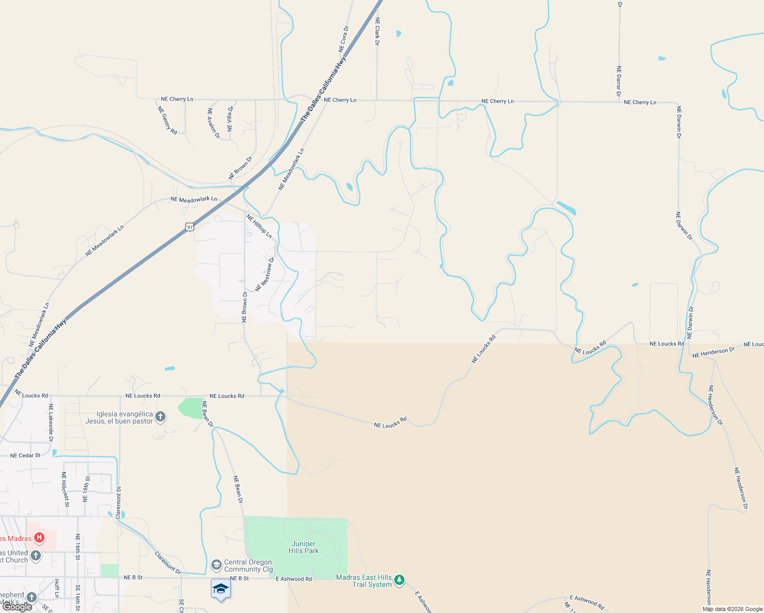 map of restaurants, bars, coffee shops, grocery stores, and more near 1115 Northeast Clark Drive in Madras