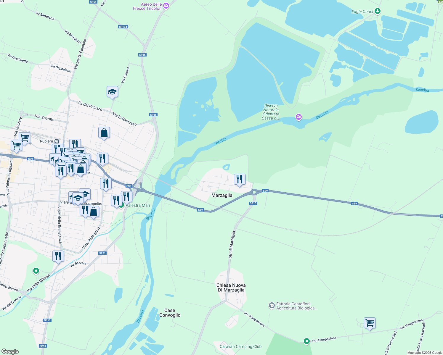 map of restaurants, bars, coffee shops, grocery stores, and more near 2-14 Via Renzo Reggiani in Marzaglia