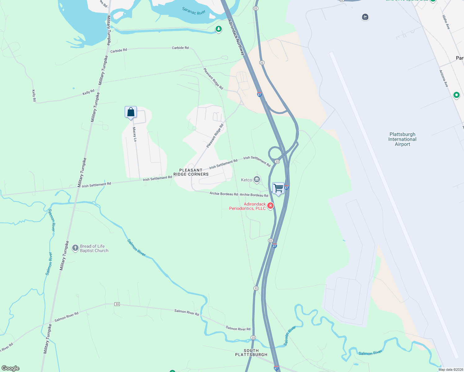 map of restaurants, bars, coffee shops, grocery stores, and more near 70 Archie Bordeau Road in Plattsburgh