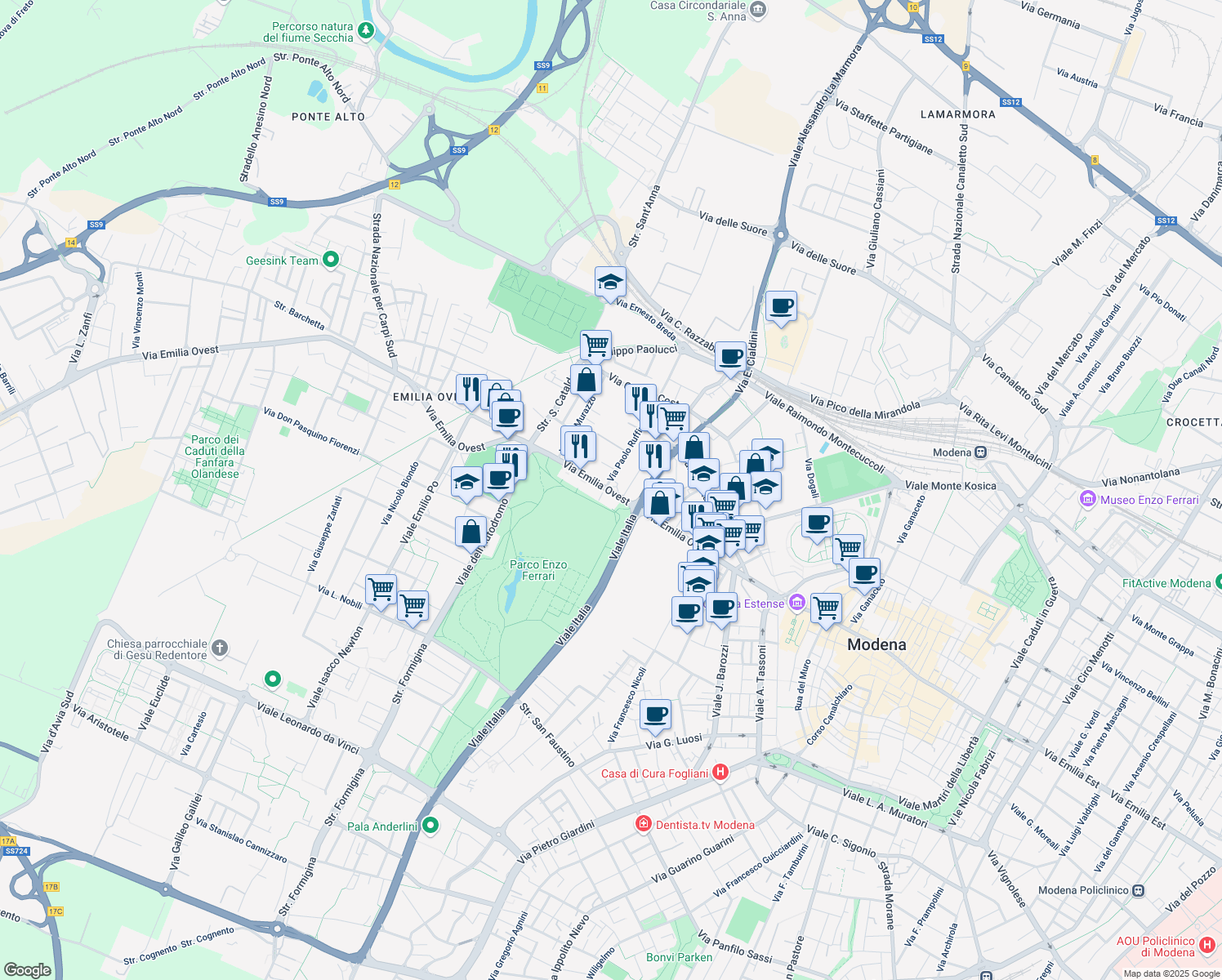 map of restaurants, bars, coffee shops, grocery stores, and more near 320 Via Emilia Ovest in Modena