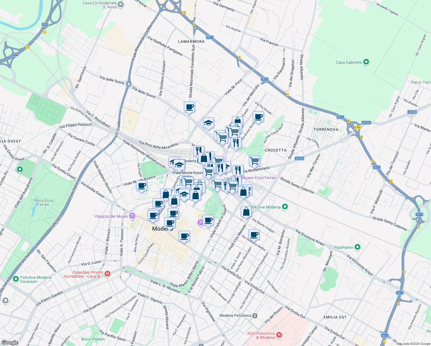 map of restaurants, bars, coffee shops, grocery stores, and more near 29-37 Viale Guido Mazzoni in Modena