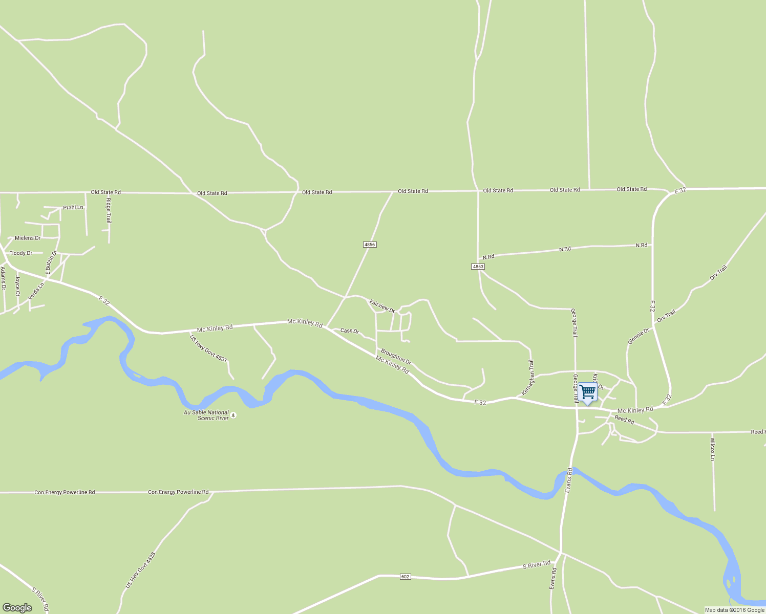 map of restaurants, bars, coffee shops, grocery stores, and more near Fairview Drive in Mio