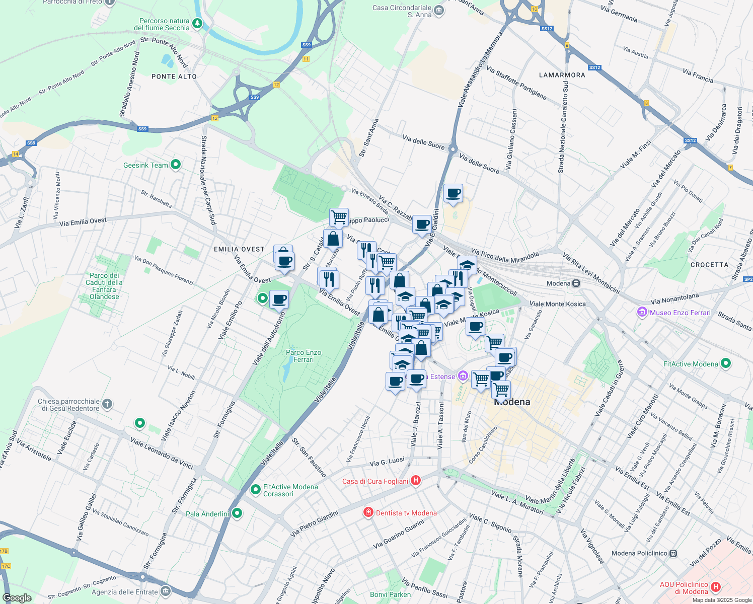 map of restaurants, bars, coffee shops, grocery stores, and more near 214 Via Carlo Zucchi in Modena