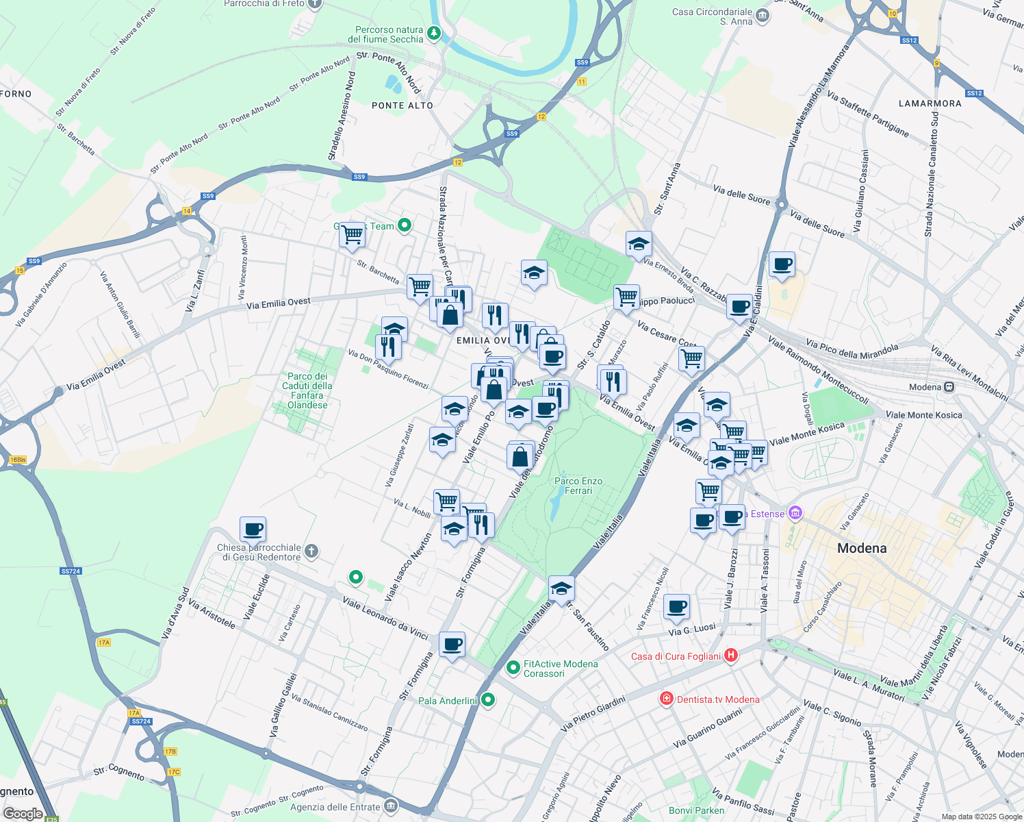 map of restaurants, bars, coffee shops, grocery stores, and more near 81 Via Alfonso Piazza in Modena