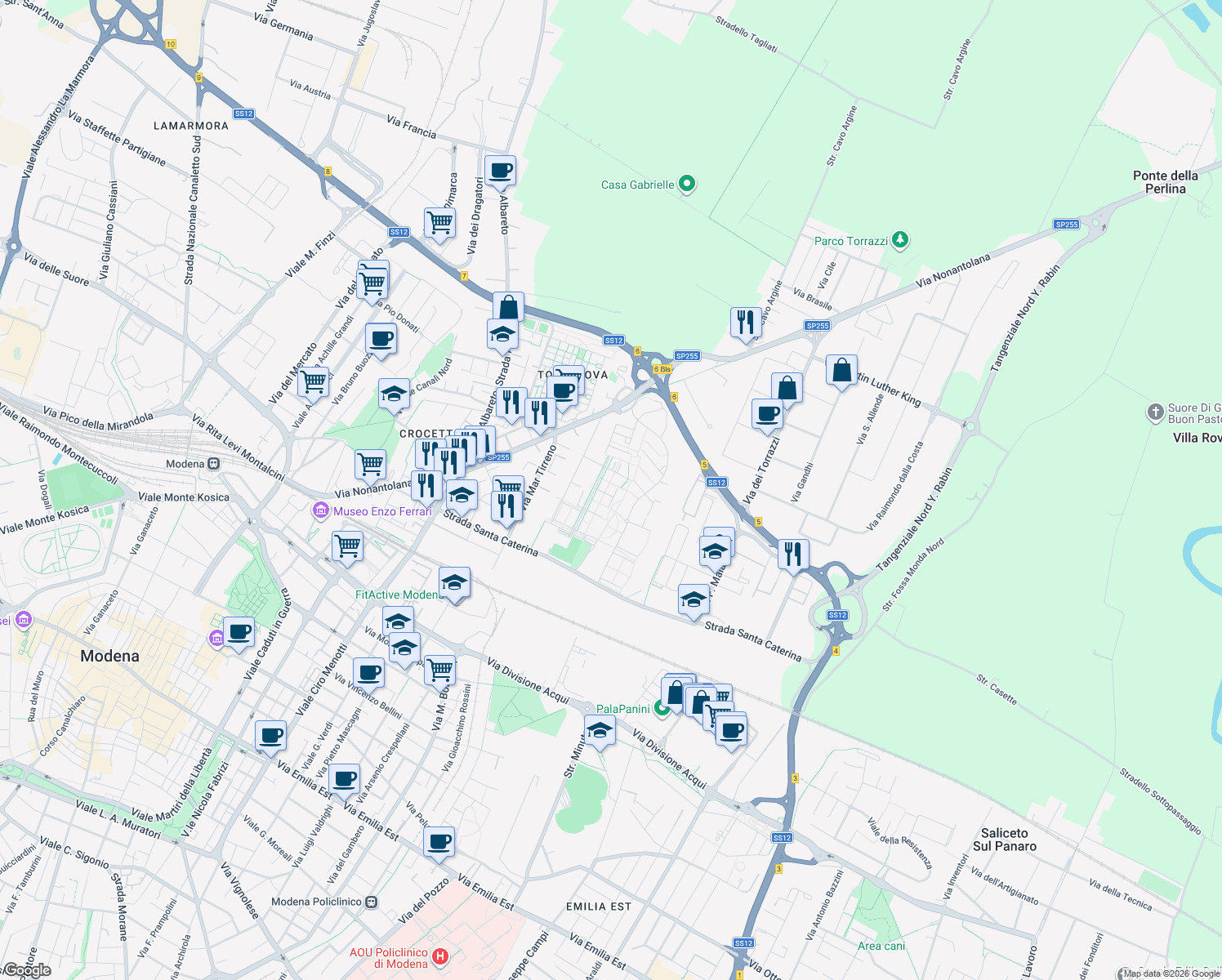 map of restaurants, bars, coffee shops, grocery stores, and more near 110 Via Mar Ligure in Modena