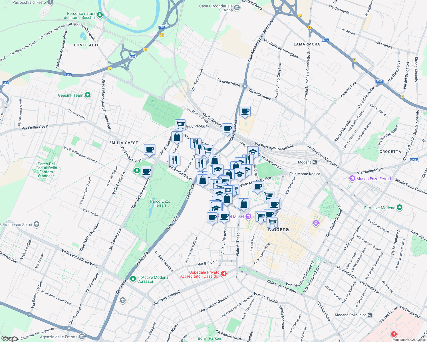 map of restaurants, bars, coffee shops, grocery stores, and more near 379 Viale Gaetano Storchi in Modena
