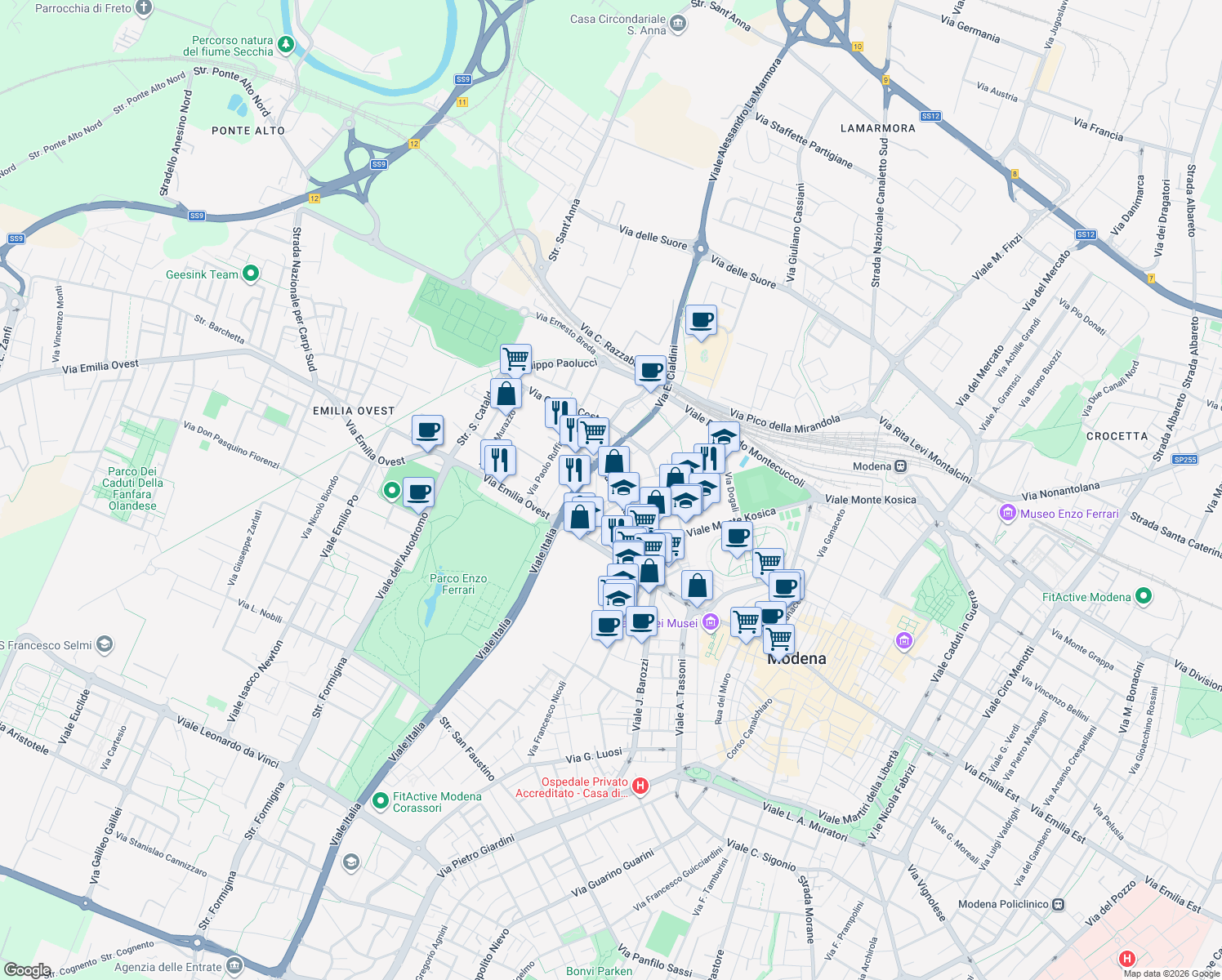 map of restaurants, bars, coffee shops, grocery stores, and more near 379 Viale Gaetano Storchi in Modena