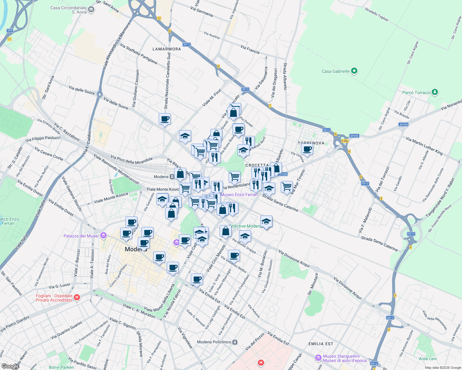 map of restaurants, bars, coffee shops, grocery stores, and more near 115 Via Nonantolana in Modena
