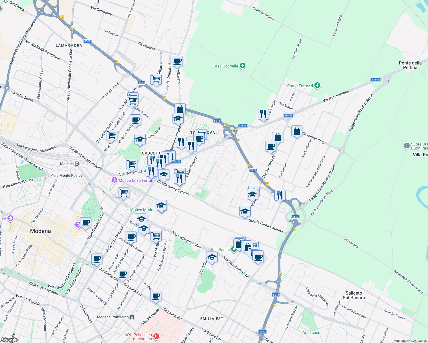 map of restaurants, bars, coffee shops, grocery stores, and more near 110 Via Mar Ligure in Modena