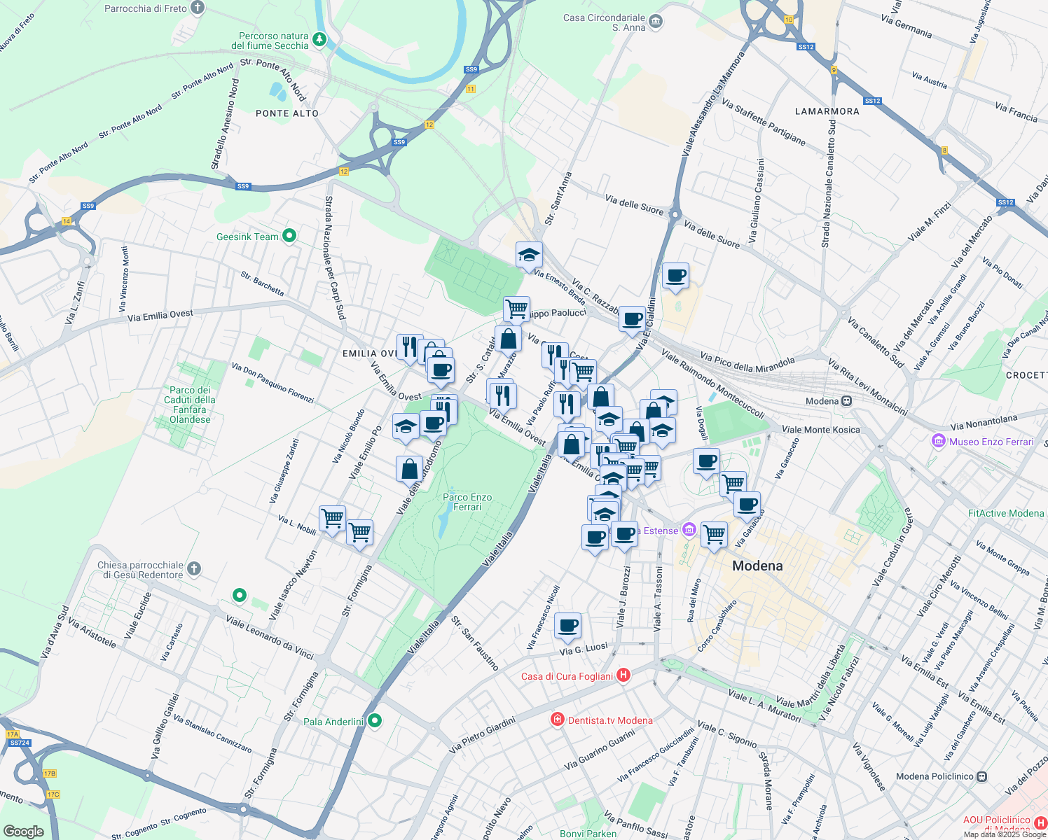 map of restaurants, bars, coffee shops, grocery stores, and more near 320 Via Emilia Ovest in Modena