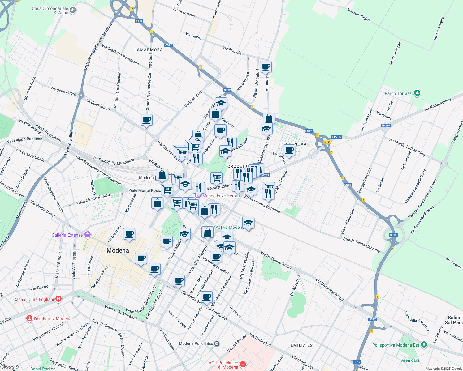 map of restaurants, bars, coffee shops, grocery stores, and more near 342 Via Nonantolana in Modena