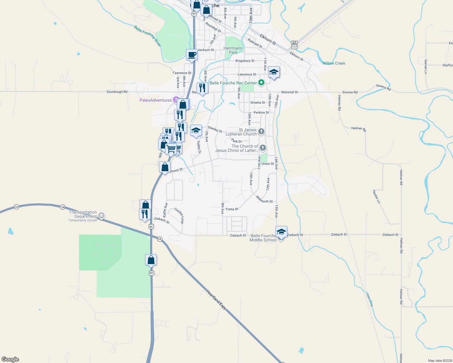 map of restaurants, bars, coffee shops, grocery stores, and more near Ridge View in Belle Fourche