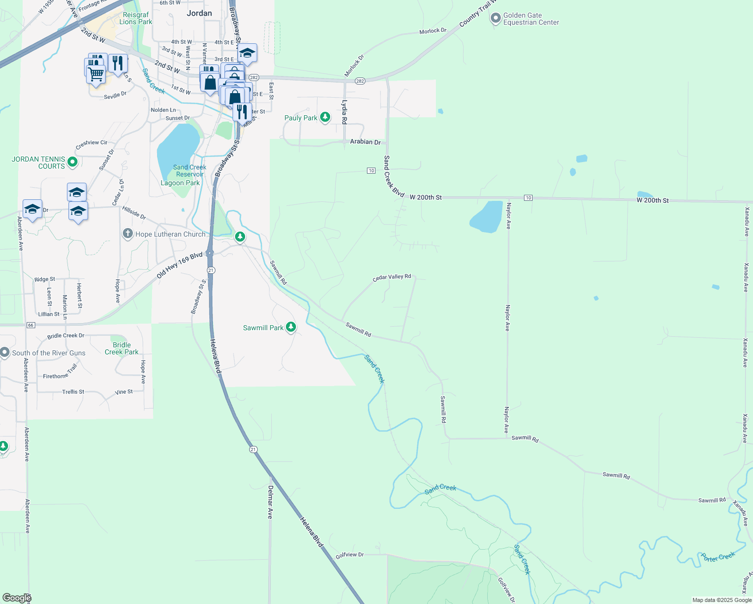 map of restaurants, bars, coffee shops, grocery stores, and more near 20325 Cedar Valley Road in Jordan