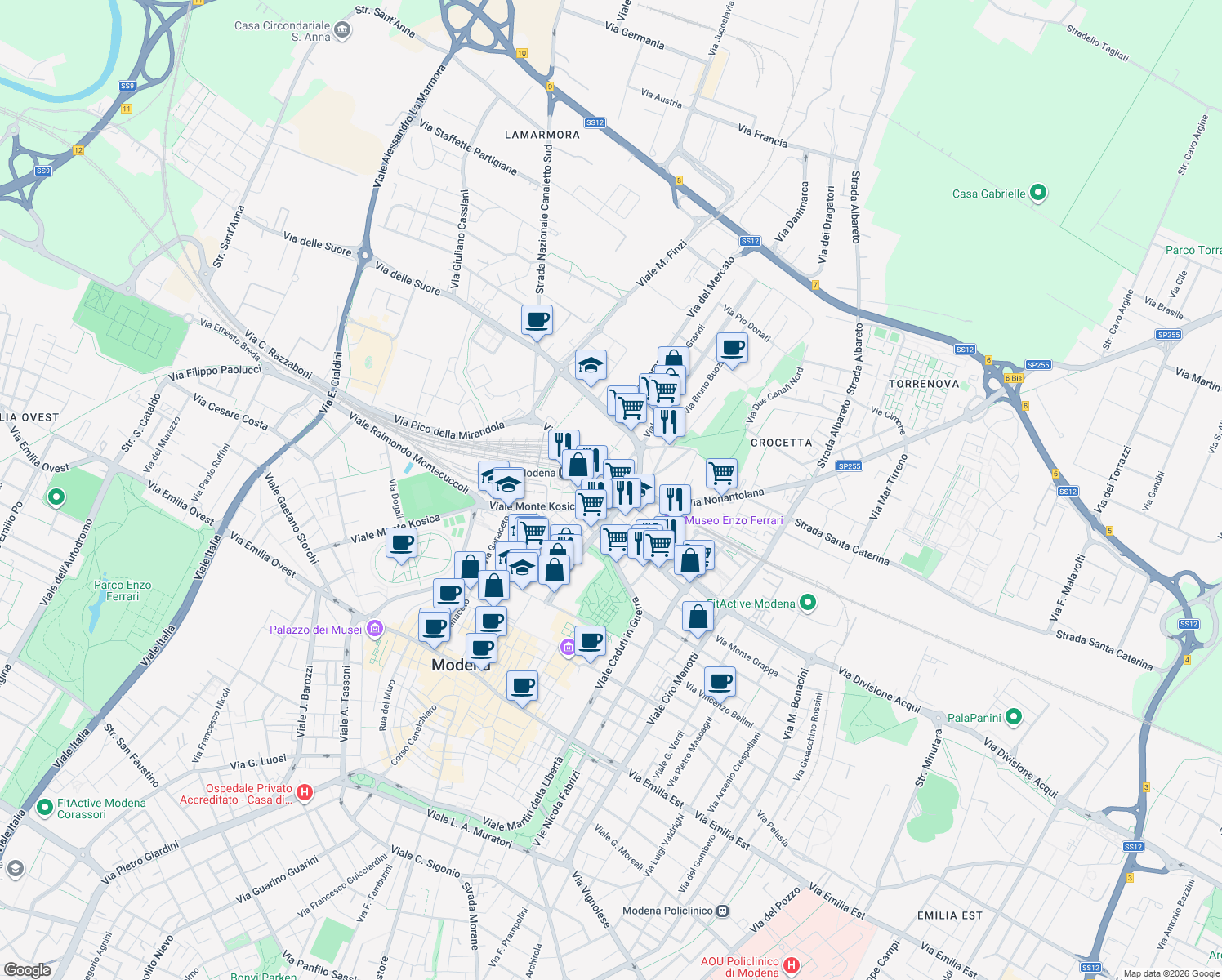 map of restaurants, bars, coffee shops, grocery stores, and more near 37 Viale Guido Mazzoni in Modena