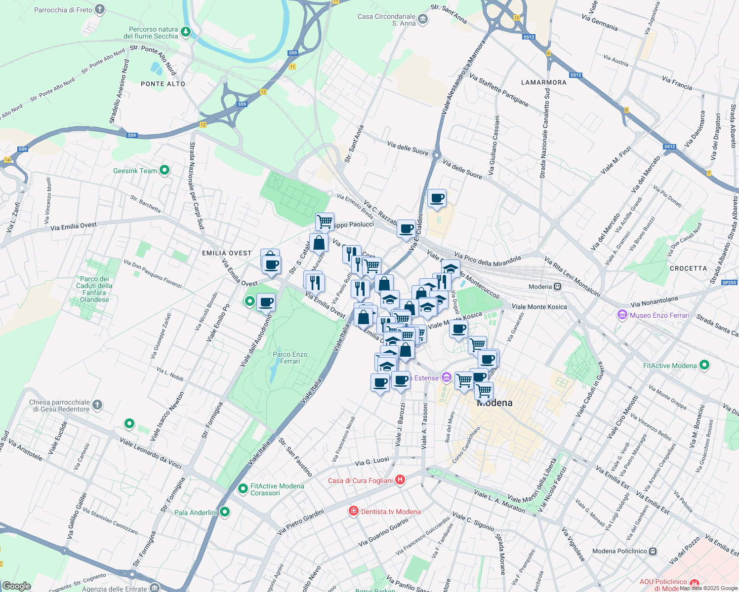 map of restaurants, bars, coffee shops, grocery stores, and more near 214 Via Carlo Zucchi in Modena