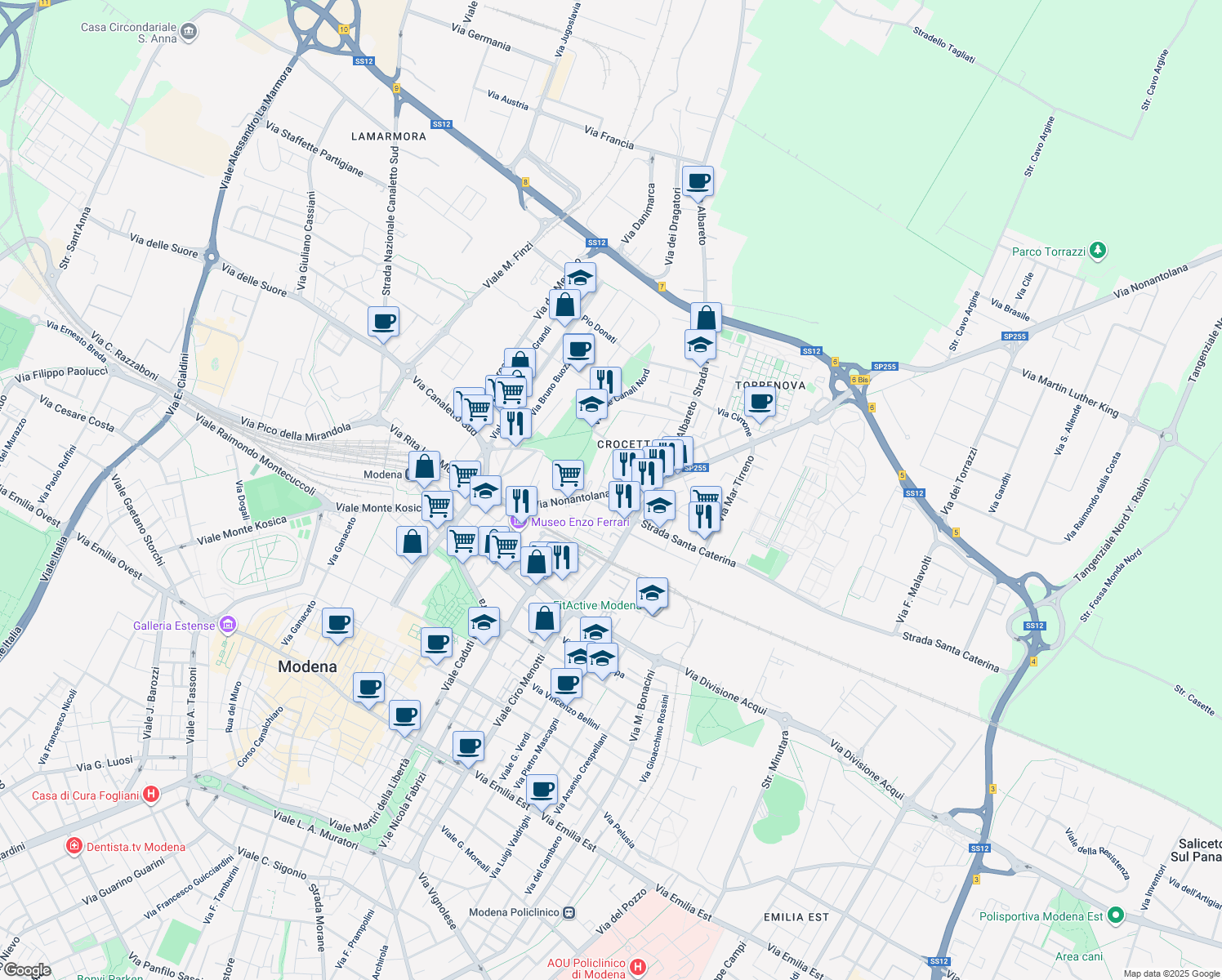 map of restaurants, bars, coffee shops, grocery stores, and more near 342 Via Nonantolana in Modena