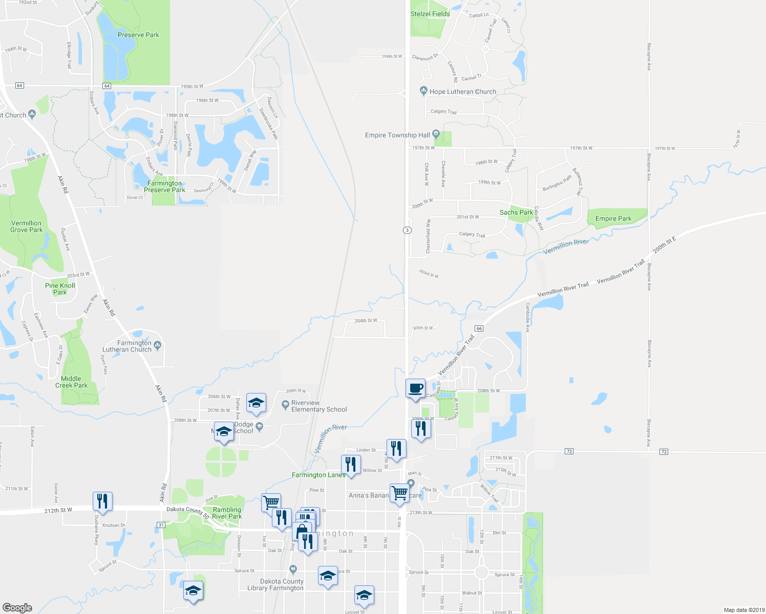 map of restaurants, bars, coffee shops, grocery stores, and more near 20411 Chippendale Avenue West in Farmington