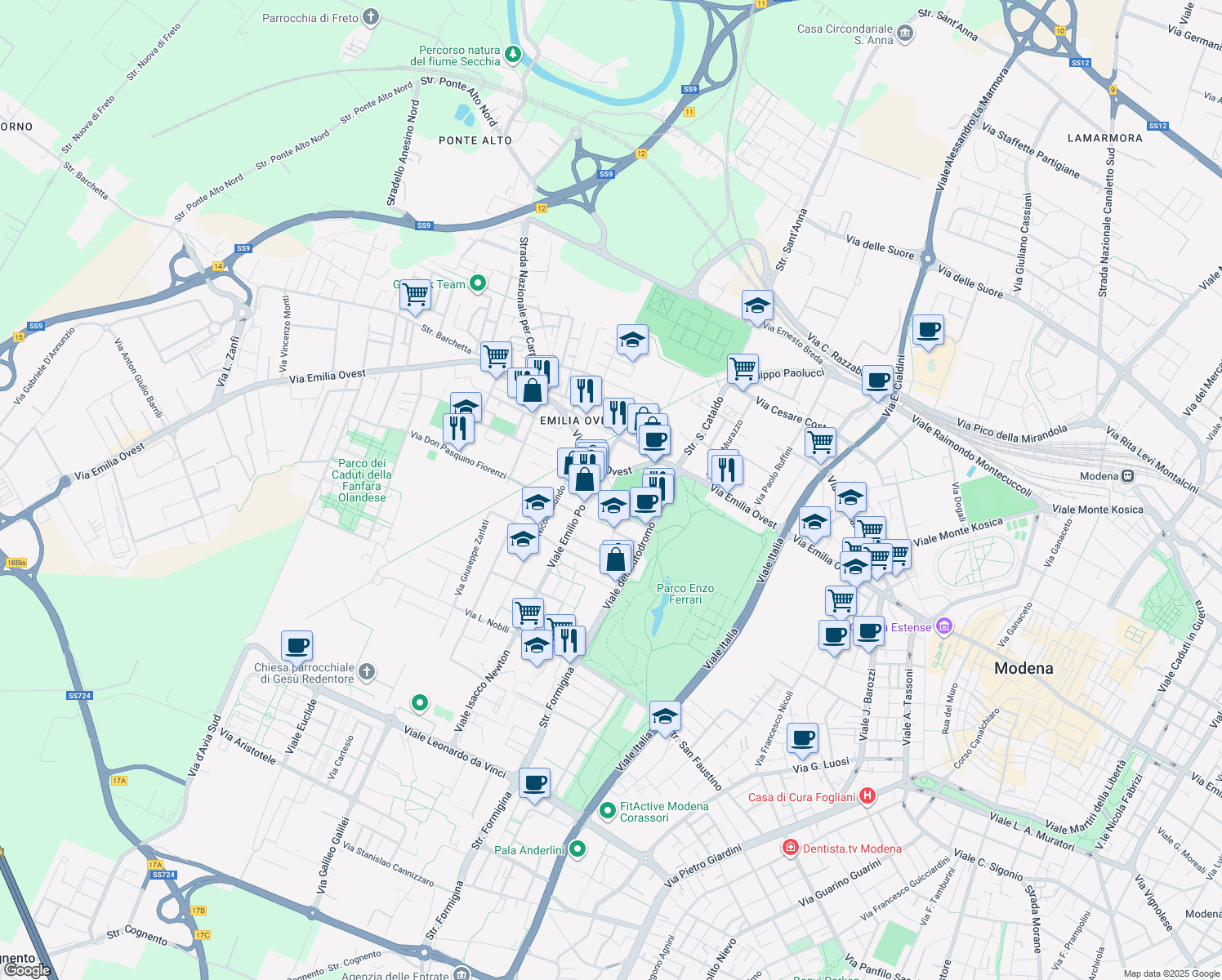 map of restaurants, bars, coffee shops, grocery stores, and more near 81 Via Alfonso Piazza in Modena