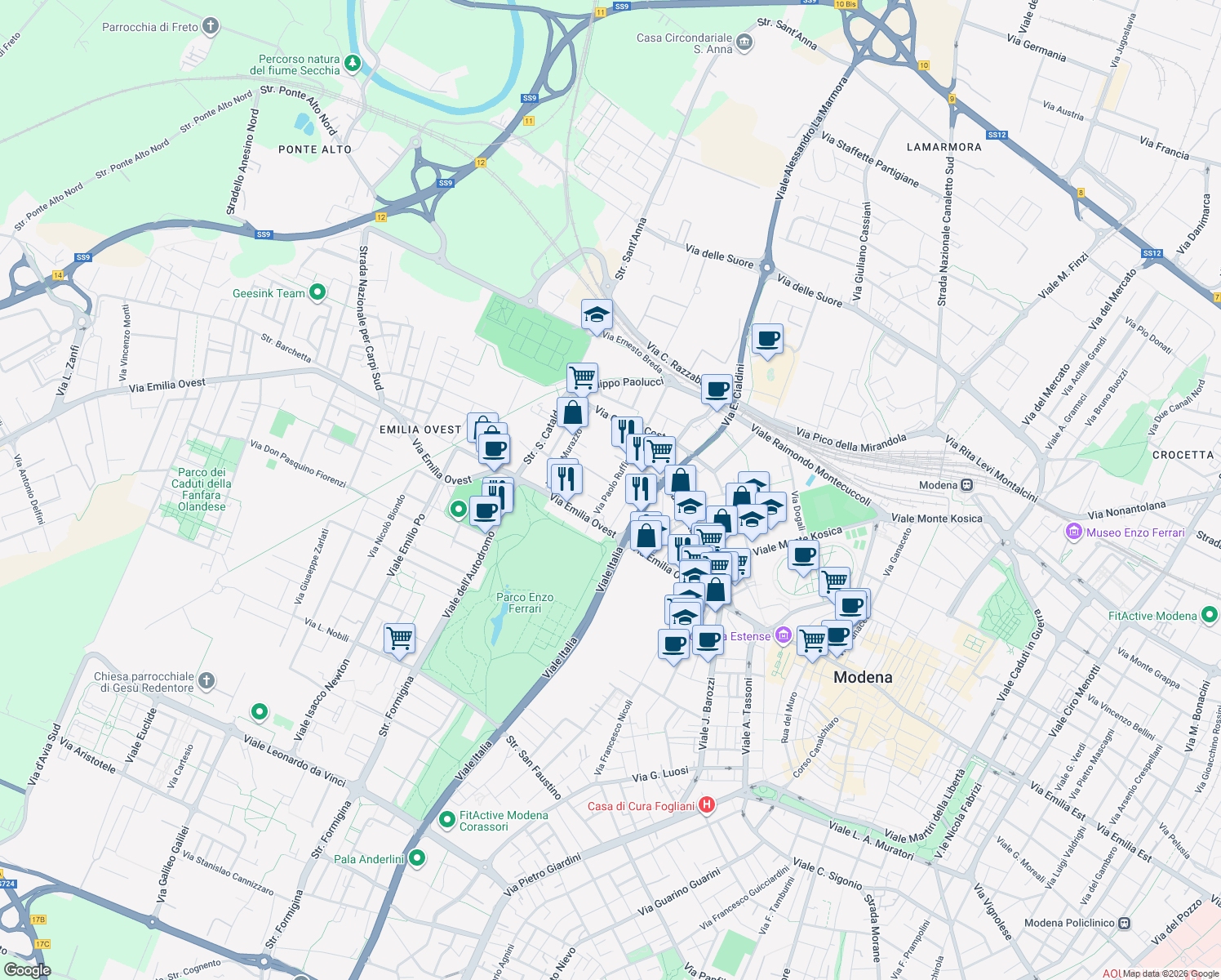 map of restaurants, bars, coffee shops, grocery stores, and more near 1-51 Via Stefano Giovanni Marianini in Modena