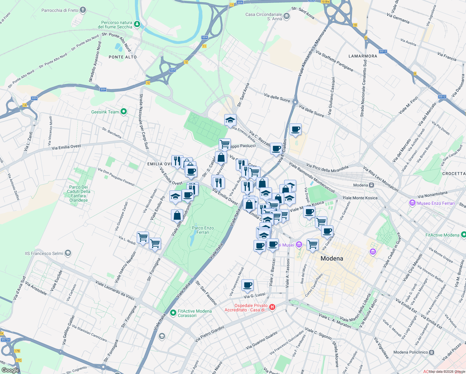 map of restaurants, bars, coffee shops, grocery stores, and more near 320 Via Emilia Ovest in Modena