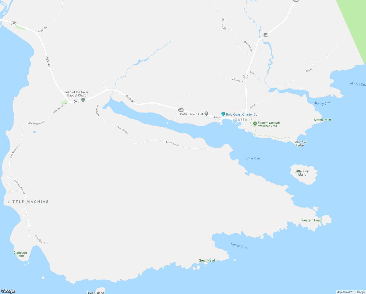 map of restaurants, bars, coffee shops, grocery stores, and more near 151 Destiny Bay Road in Cutler