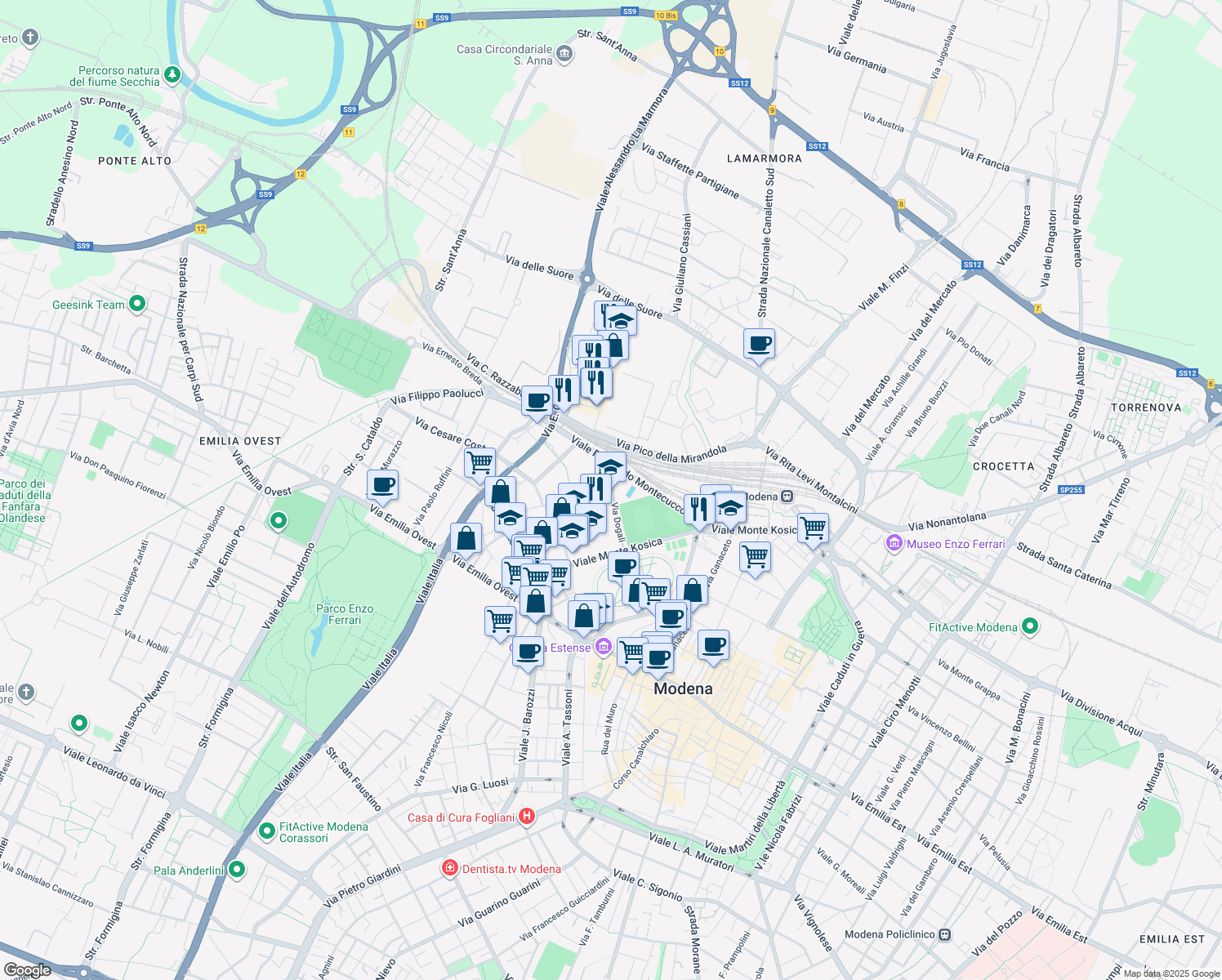 map of restaurants, bars, coffee shops, grocery stores, and more near 61 Via Dogali in Modena