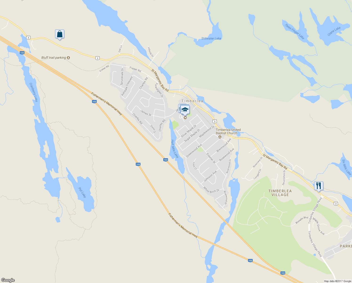 map of restaurants, bars, coffee shops, grocery stores, and more near 41 Silver Maple Drive in Timberlea