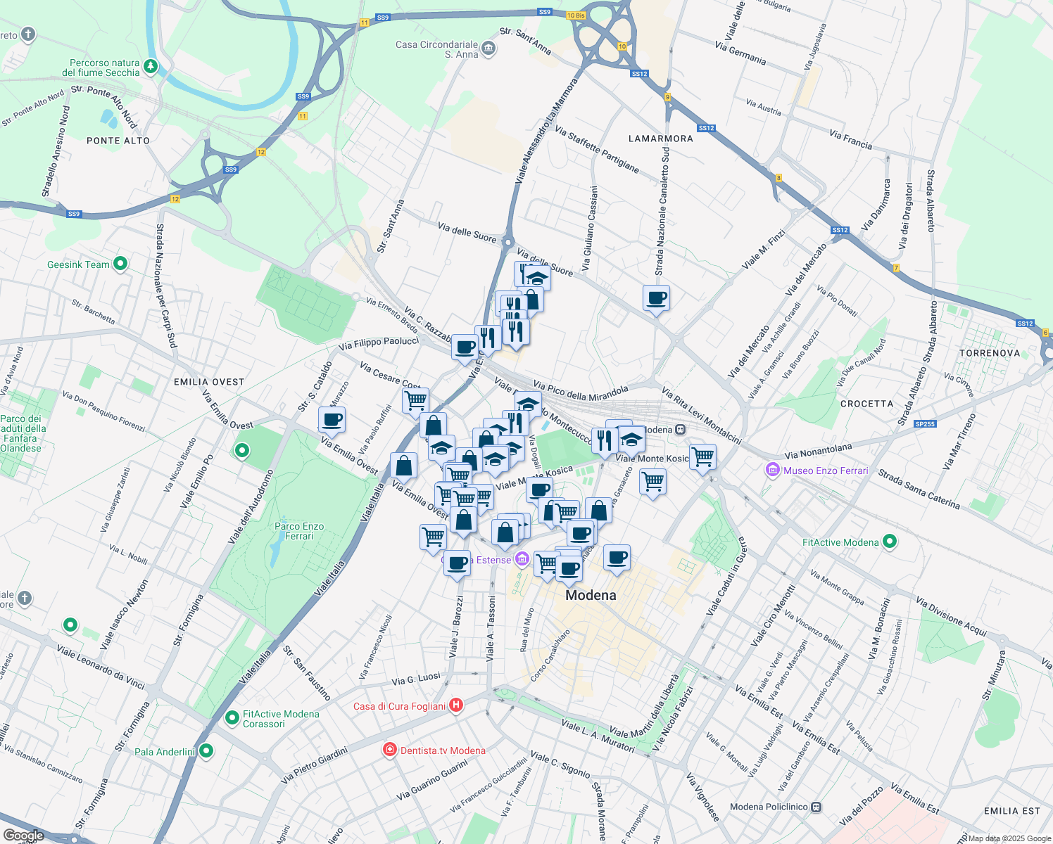 map of restaurants, bars, coffee shops, grocery stores, and more near 55-61 Via Dogali in Modena