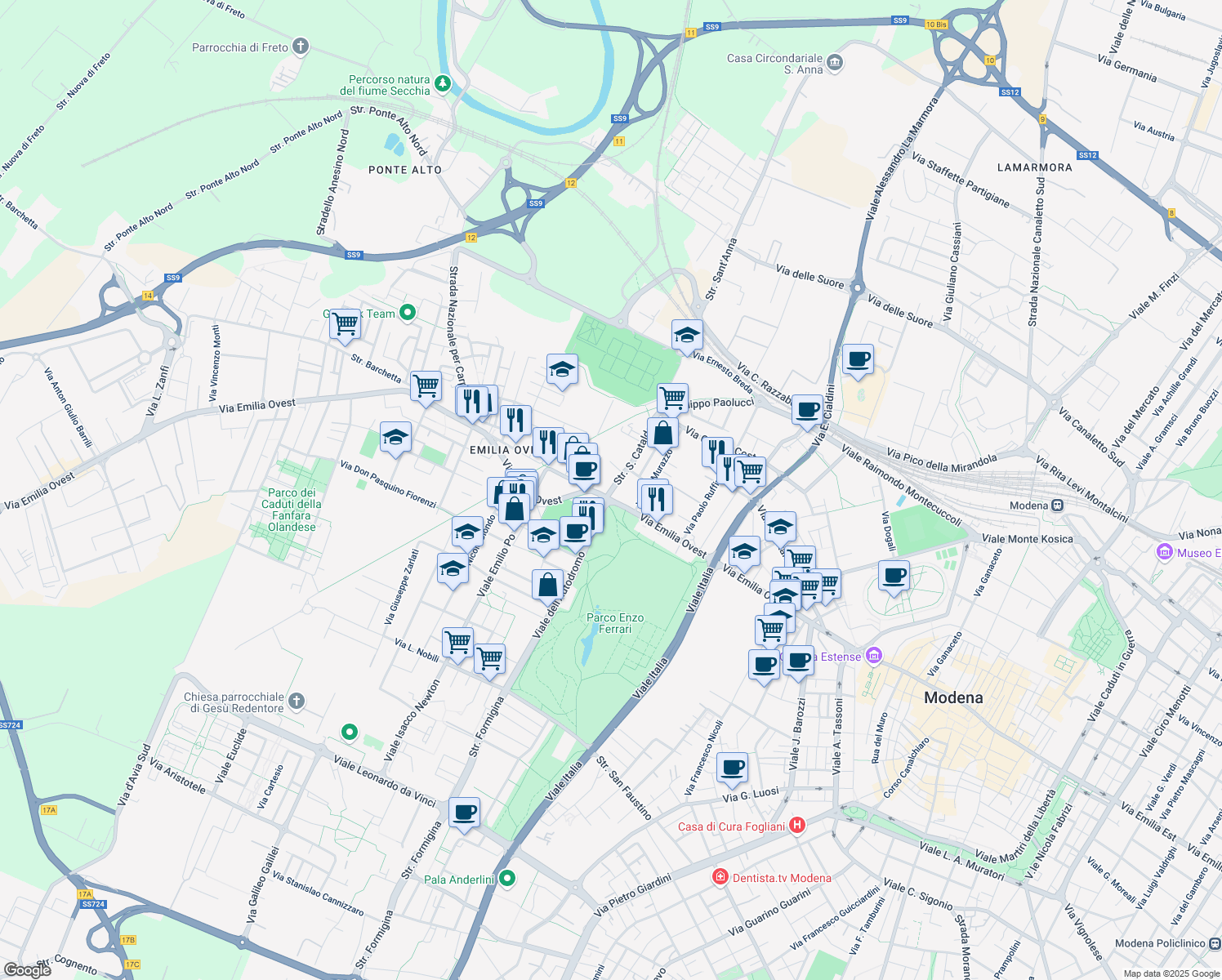 map of restaurants, bars, coffee shops, grocery stores, and more near 438 Via Emilia Ovest in Modena