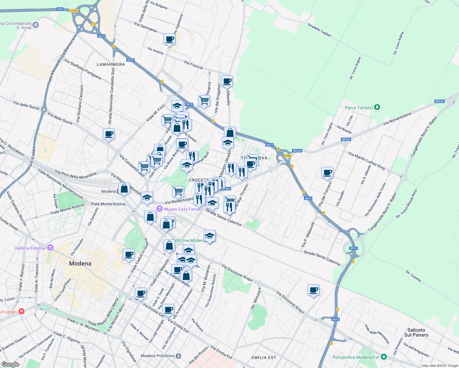 map of restaurants, bars, coffee shops, grocery stores, and more near 68 Via Filippo Turati in Modena