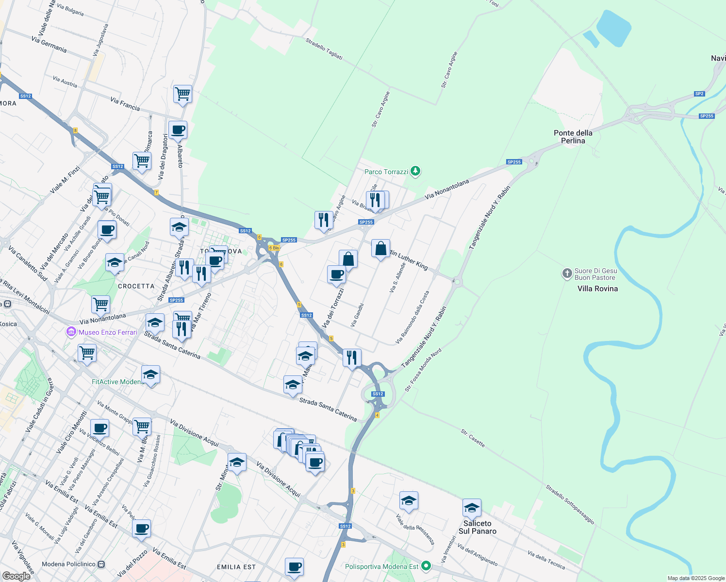 map of restaurants, bars, coffee shops, grocery stores, and more near 8 Via John Fitzgerald Kennedy in Modena