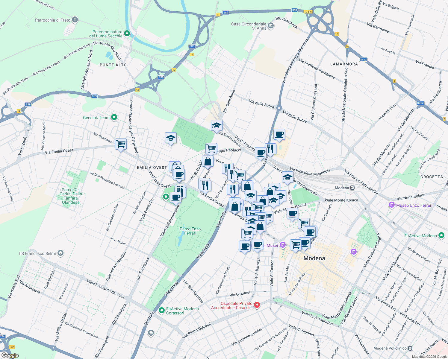 map of restaurants, bars, coffee shops, grocery stores, and more near 157 Via Paolo Ruffini in Modena