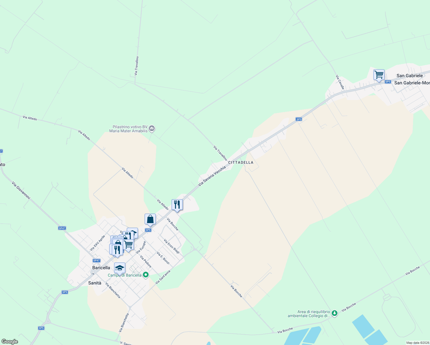 map of restaurants, bars, coffee shops, grocery stores, and more near 65 Via Savena Vecchia in Baricella