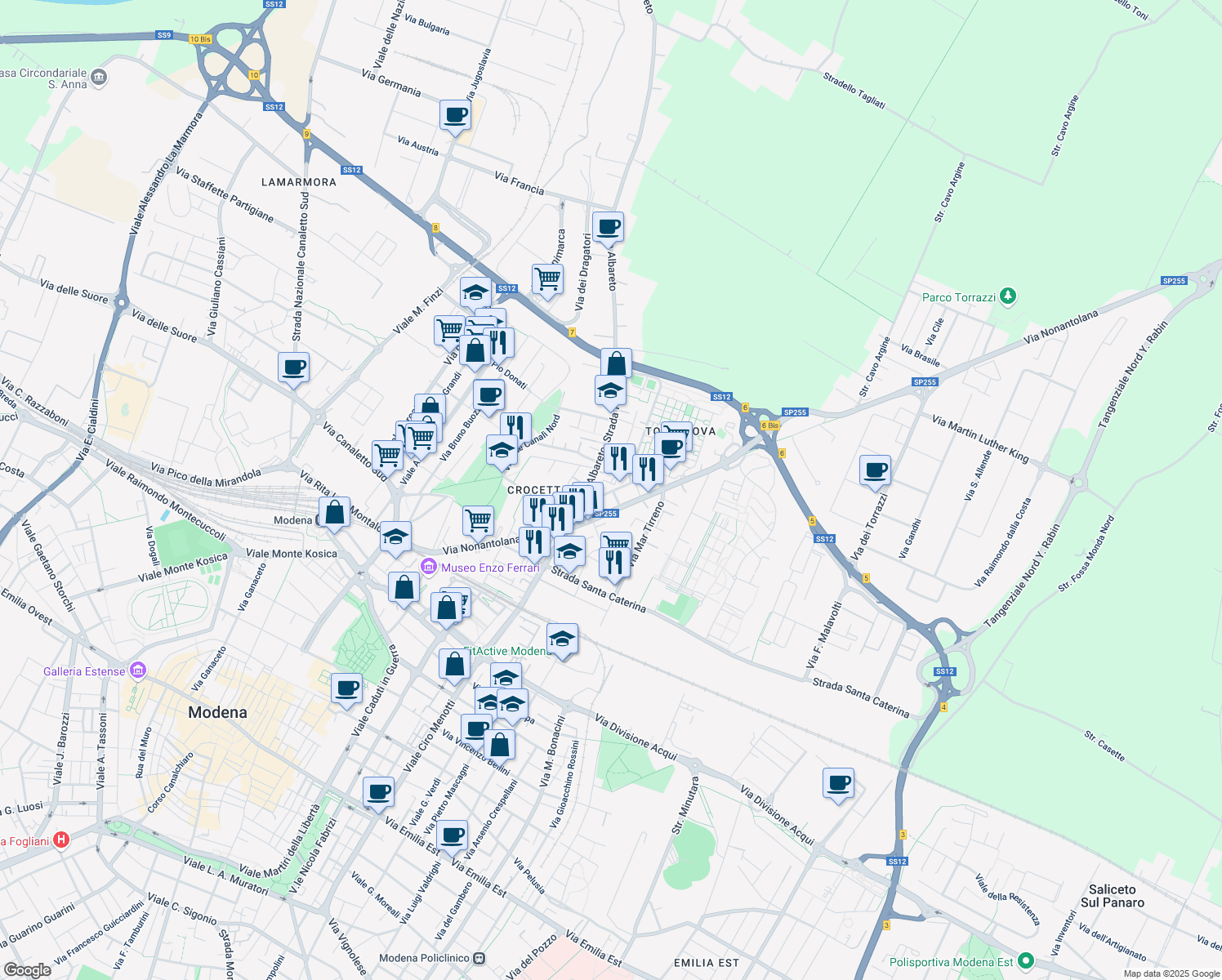 map of restaurants, bars, coffee shops, grocery stores, and more near 38-68 Via Filippo Turati in Modena