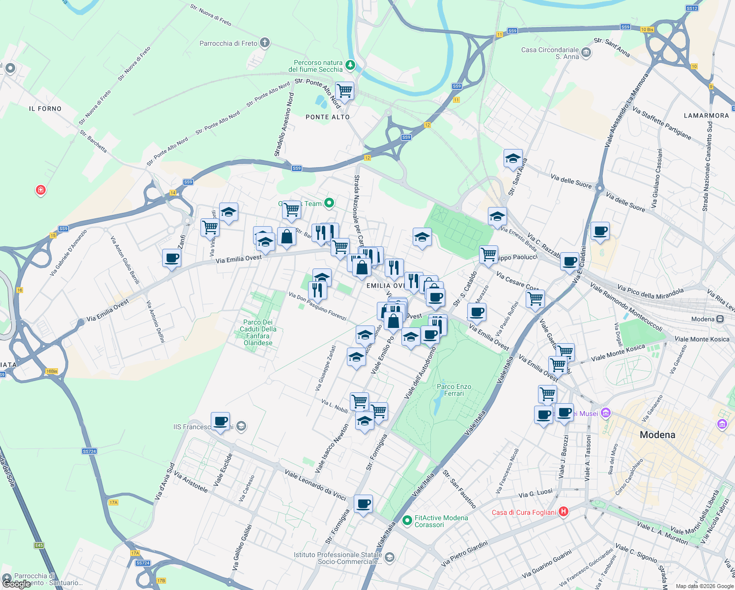 map of restaurants, bars, coffee shops, grocery stores, and more near 1-19 Via Marco Polo in Modena