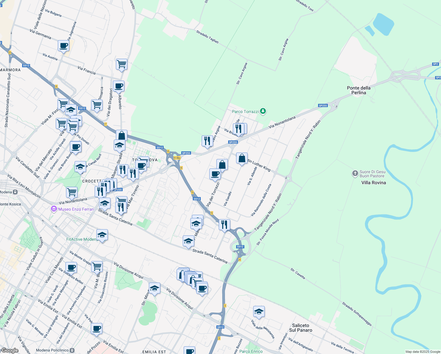map of restaurants, bars, coffee shops, grocery stores, and more near 7 Via Che Guevara in Modena