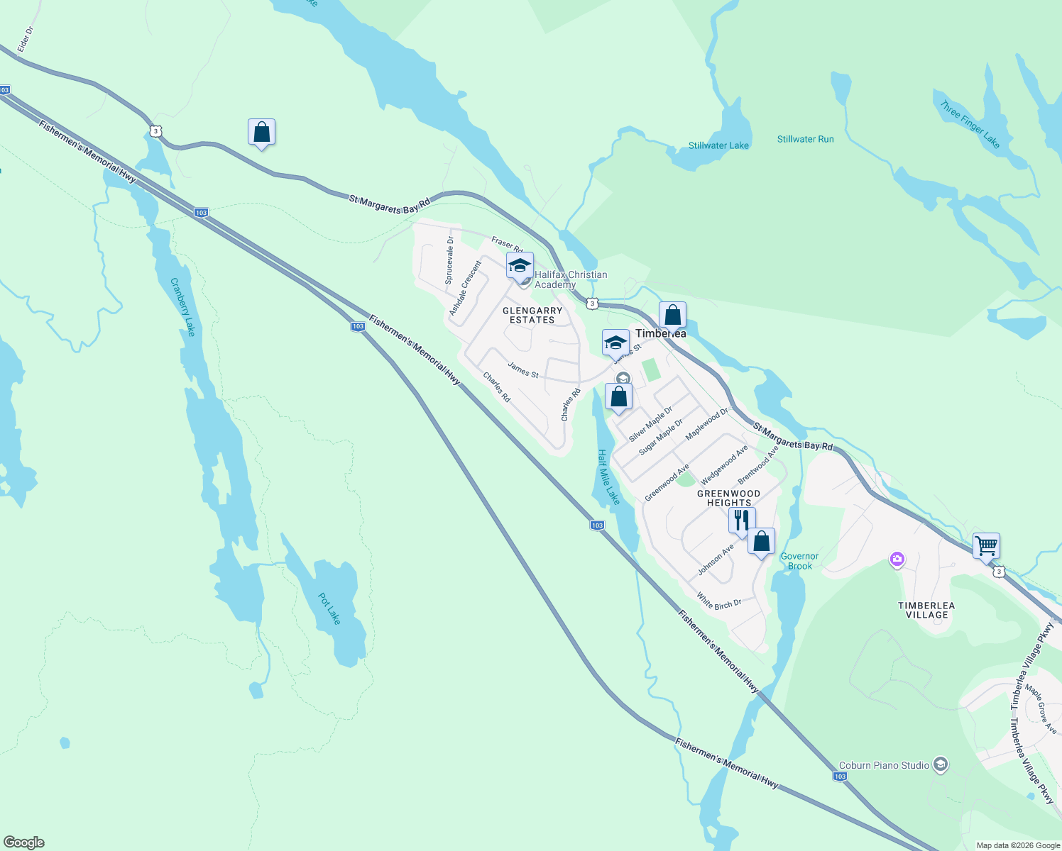 map of restaurants, bars, coffee shops, grocery stores, and more near 239 Charles Road in Timberlea