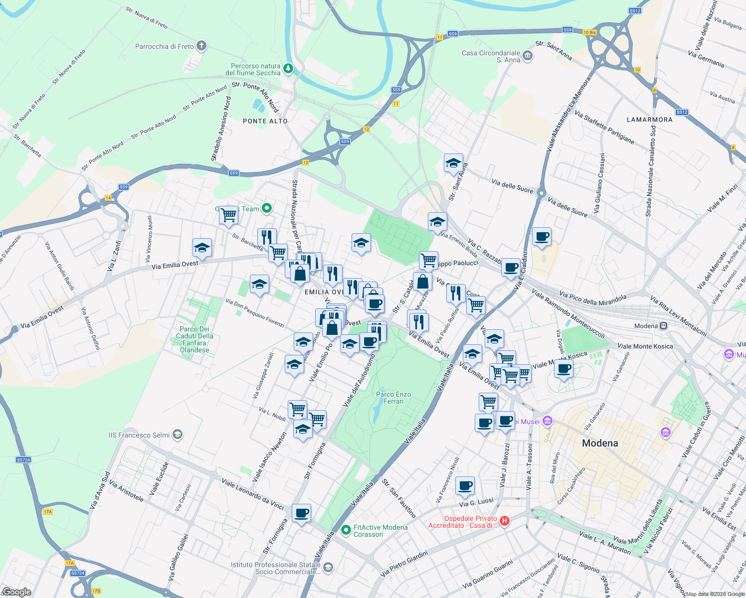 map of restaurants, bars, coffee shops, grocery stores, and more near 135 Via Tabacchi in Modena