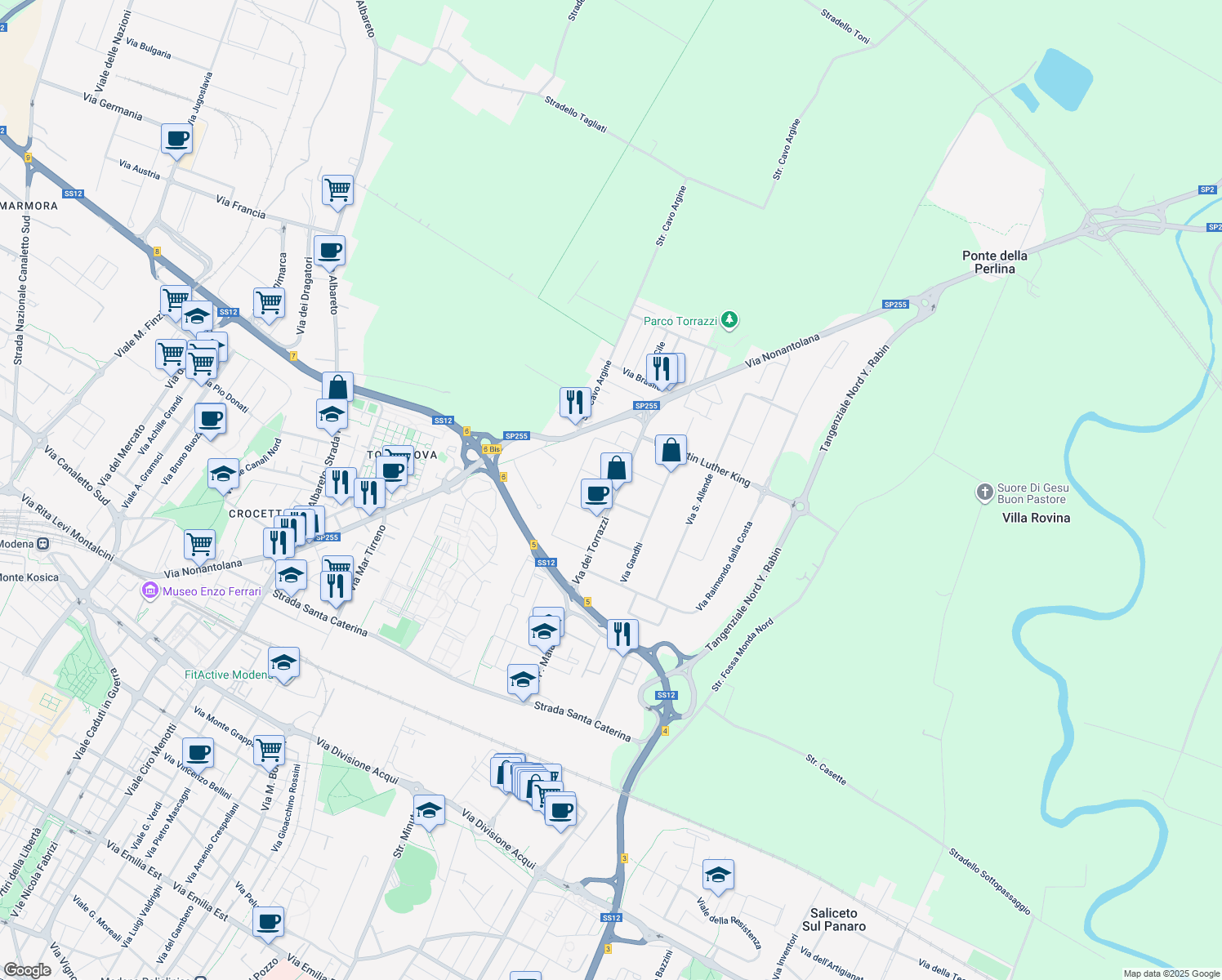 map of restaurants, bars, coffee shops, grocery stores, and more near 7 Via Che Guevara in Modena