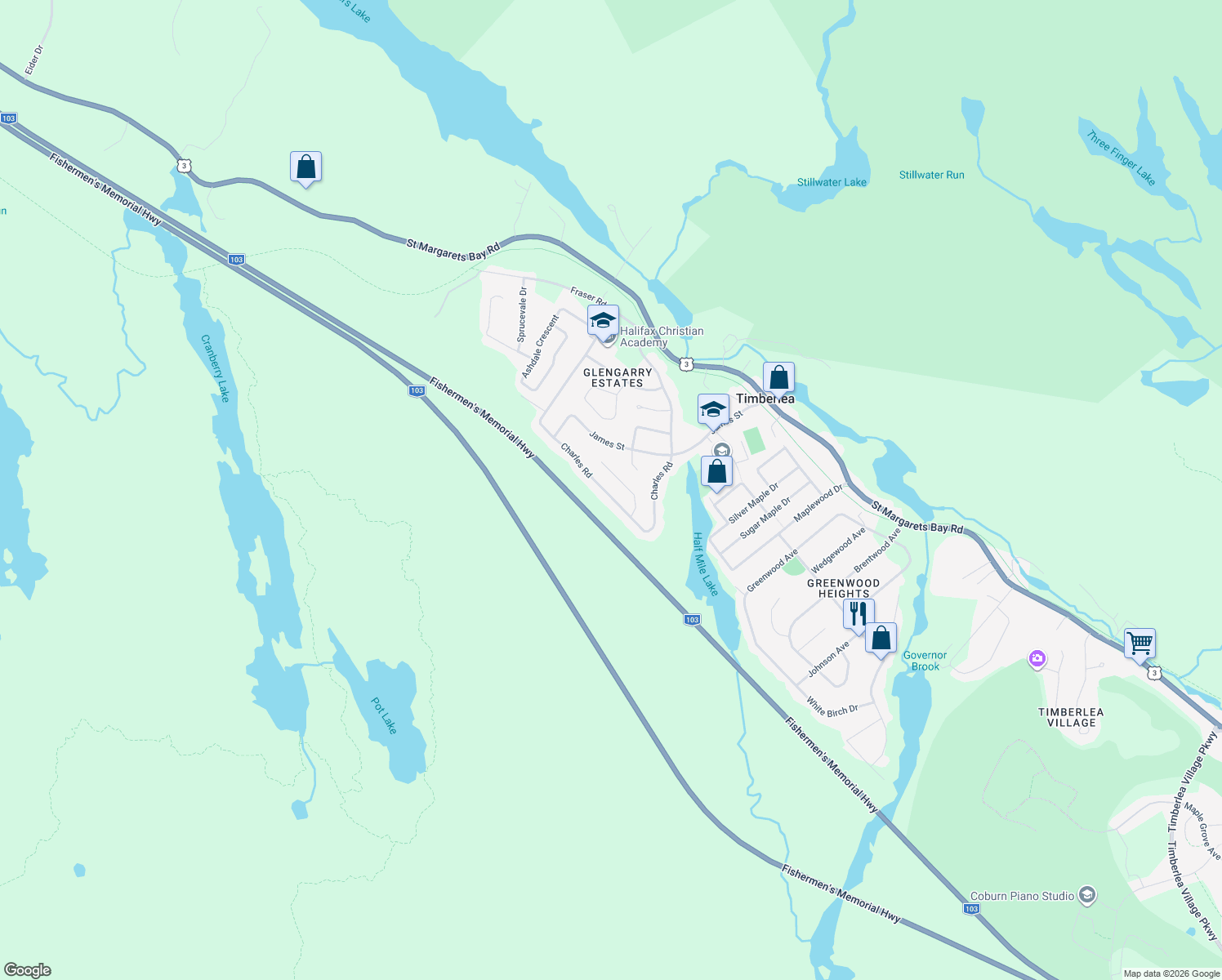 map of restaurants, bars, coffee shops, grocery stores, and more near 222 Charles Road in Timberlea