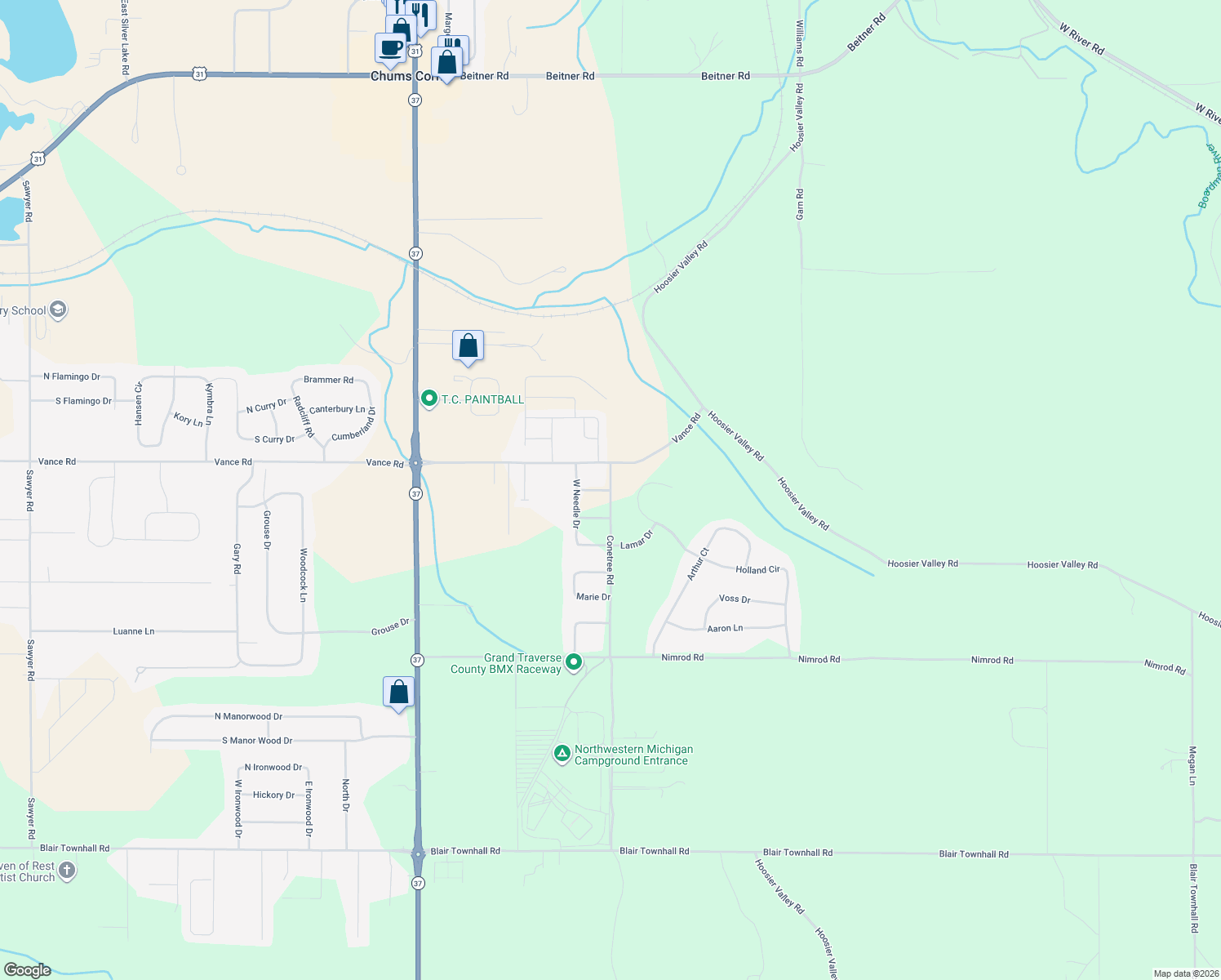 map of restaurants, bars, coffee shops, grocery stores, and more near 3500 Red Pine Drive in Traverse City