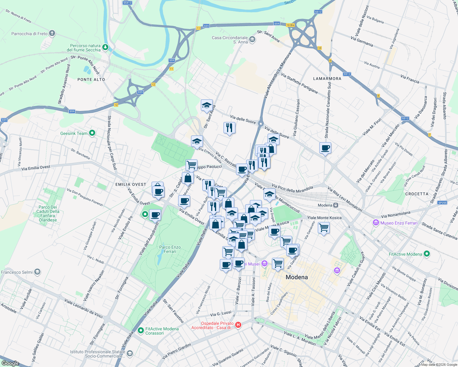 map of restaurants, bars, coffee shops, grocery stores, and more near 66 Via A. Casoli in Modena