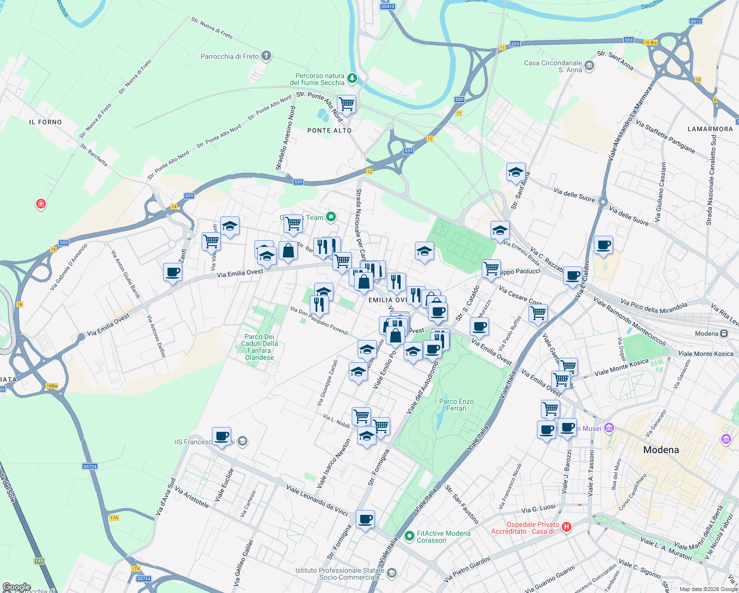 map of restaurants, bars, coffee shops, grocery stores, and more near 1-19 Via Marco Polo in Modena