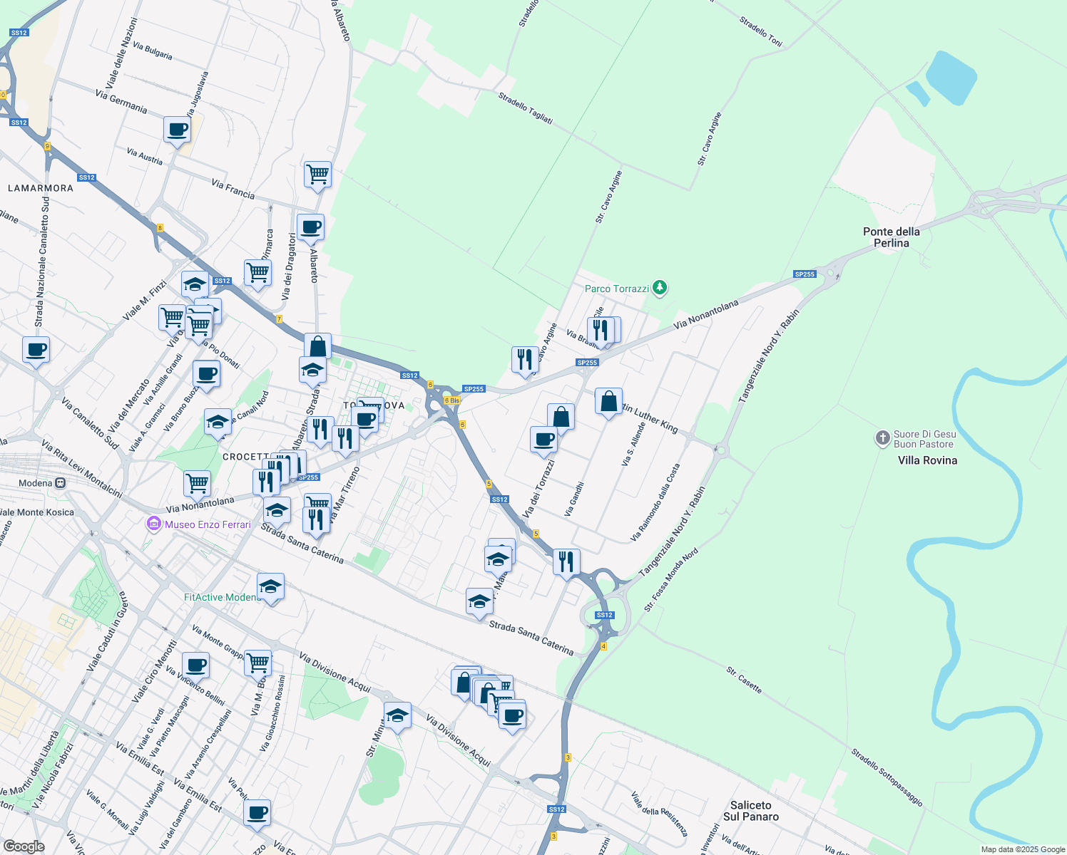 map of restaurants, bars, coffee shops, grocery stores, and more near 7 Via Che Guevara in Modena