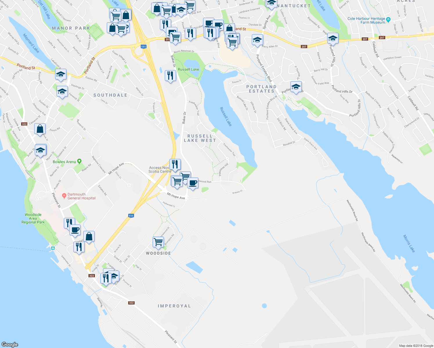 map of restaurants, bars, coffee shops, grocery stores, and more near 169 Peachtree Hill in Dartmouth