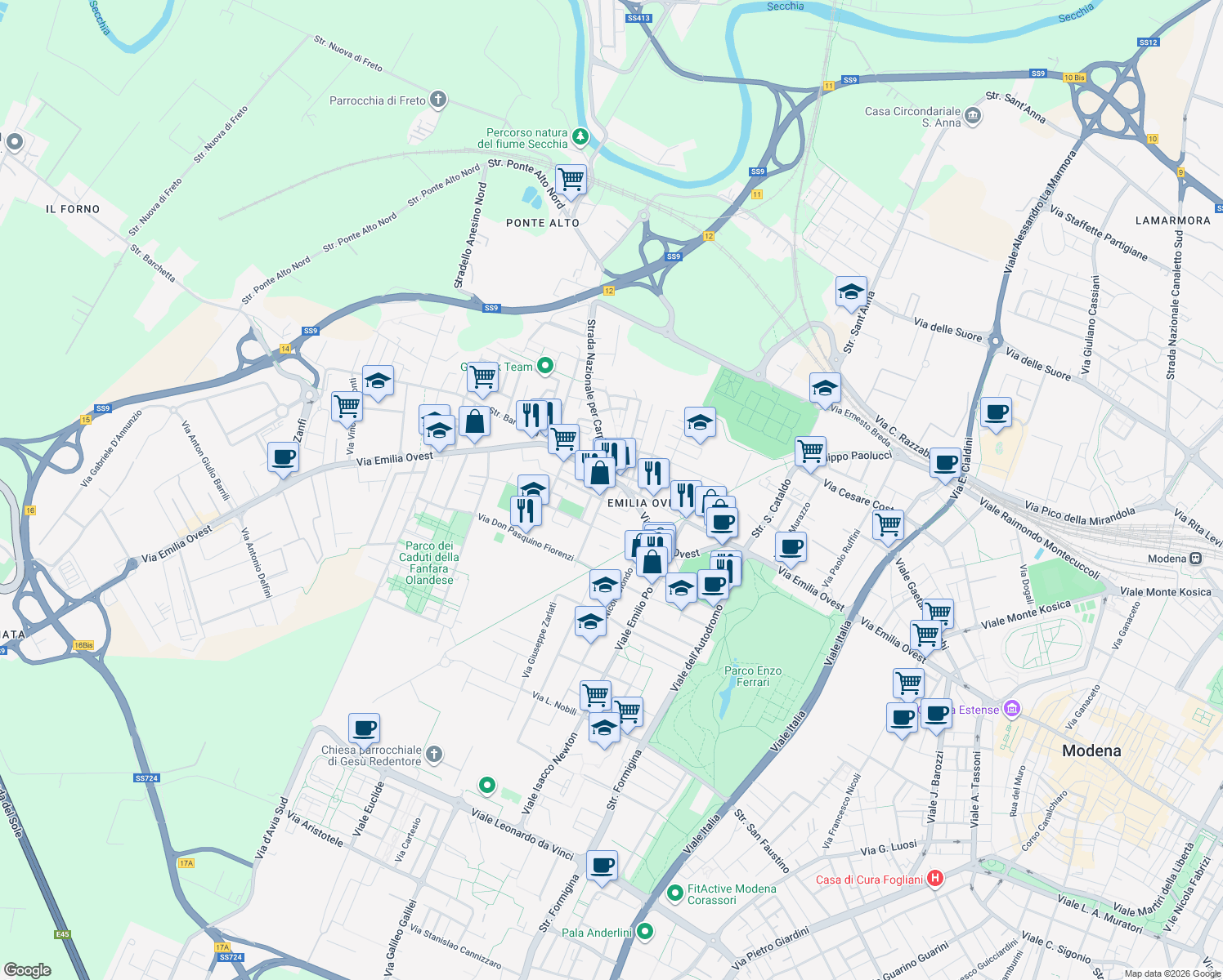 map of restaurants, bars, coffee shops, grocery stores, and more near 19 Via Marco Polo in Modena
