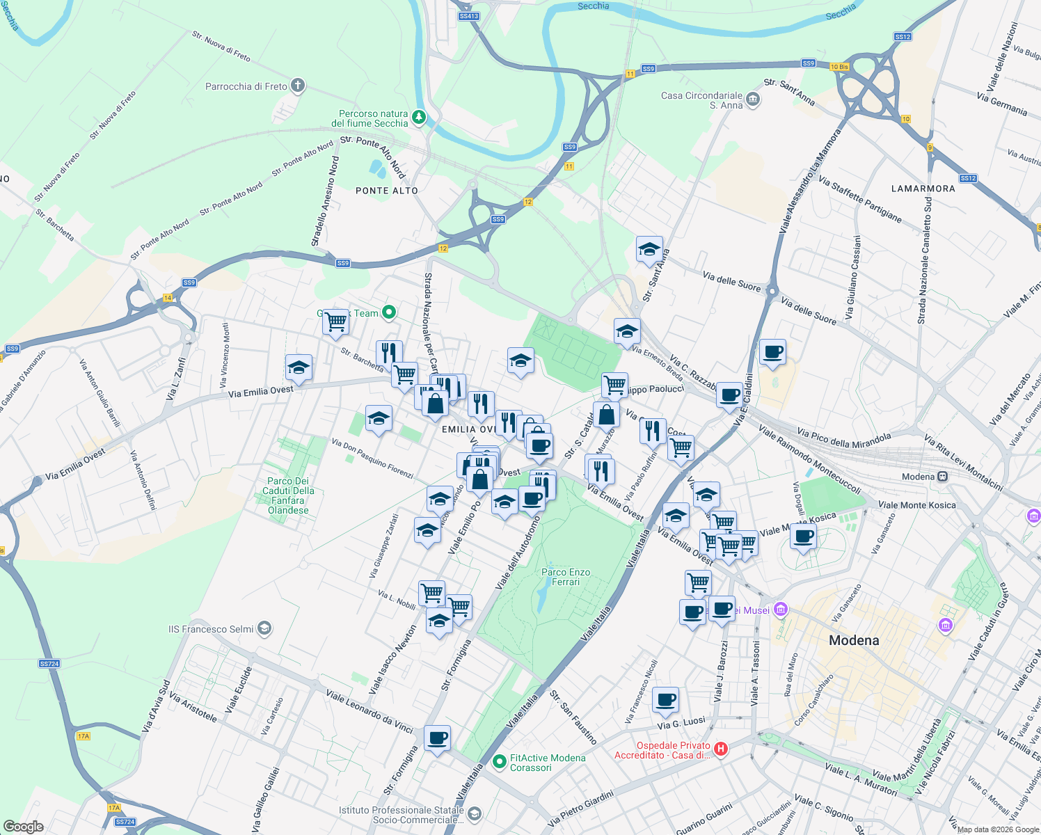 map of restaurants, bars, coffee shops, grocery stores, and more near 135 Via Tabacchi in Modena