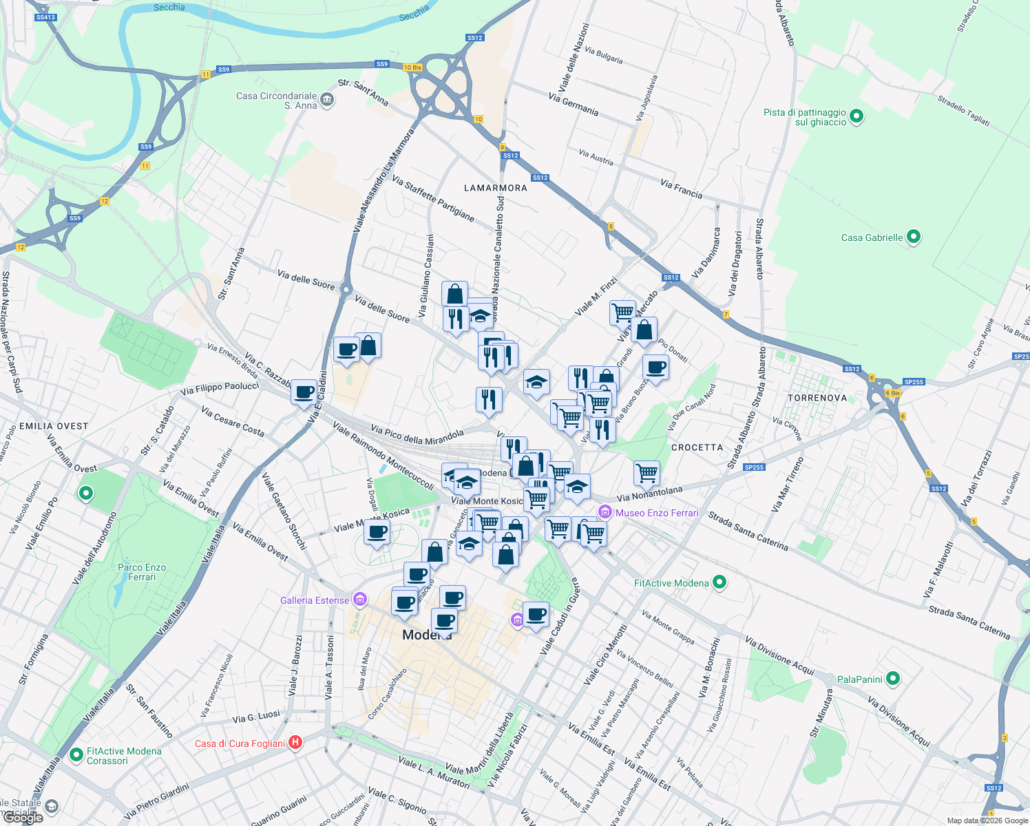 map of restaurants, bars, coffee shops, grocery stores, and more near 109 Strada Nazionale Canaletto Sud in Modena