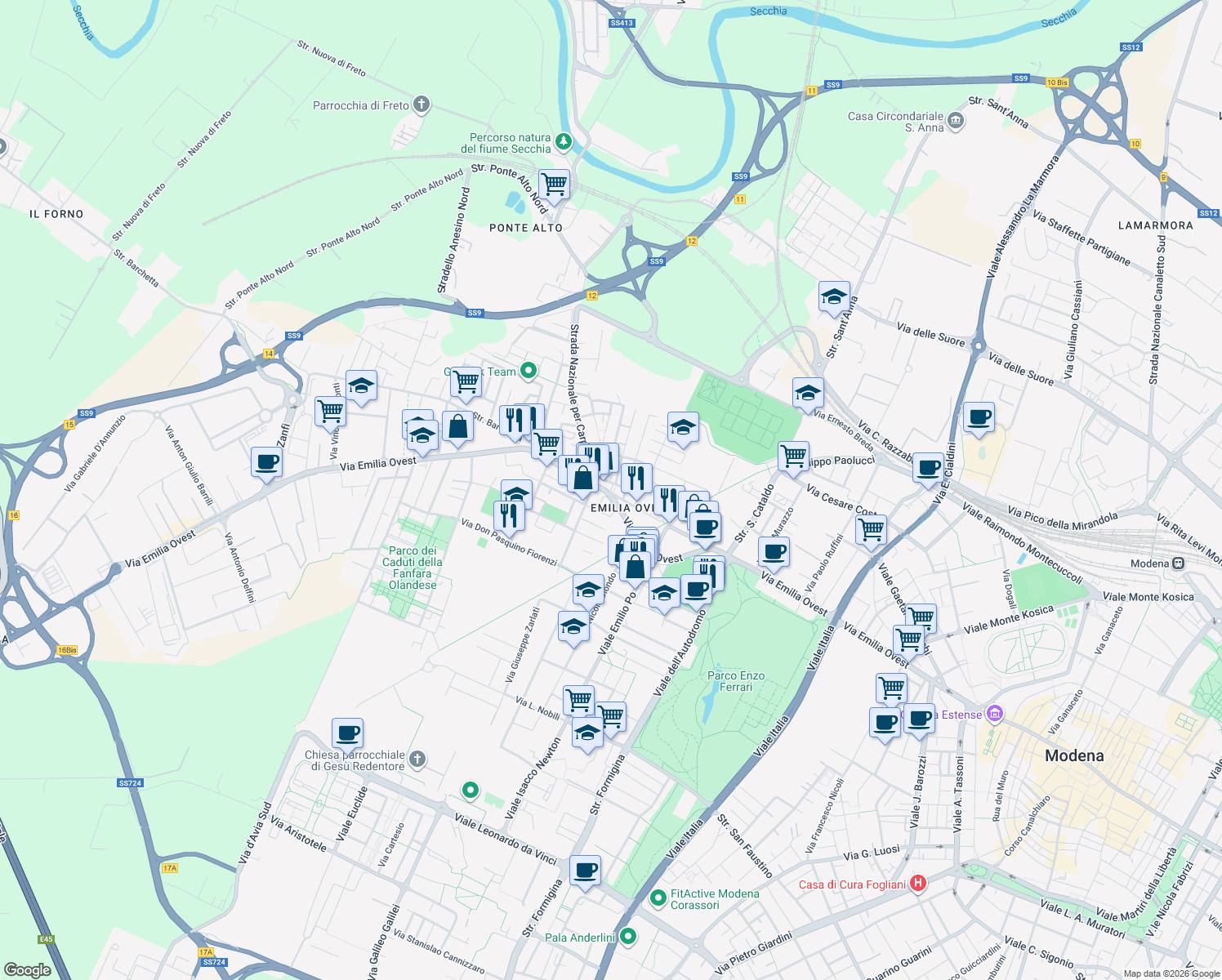map of restaurants, bars, coffee shops, grocery stores, and more near 1-19 Via Marco Polo in Modena
